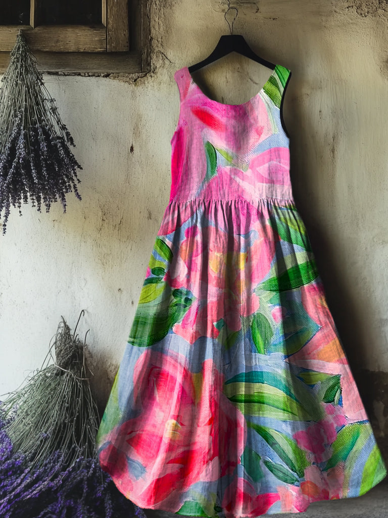 Women's Floral Art Print Round Neck Sleeveless Cotton Pocket Dresses
