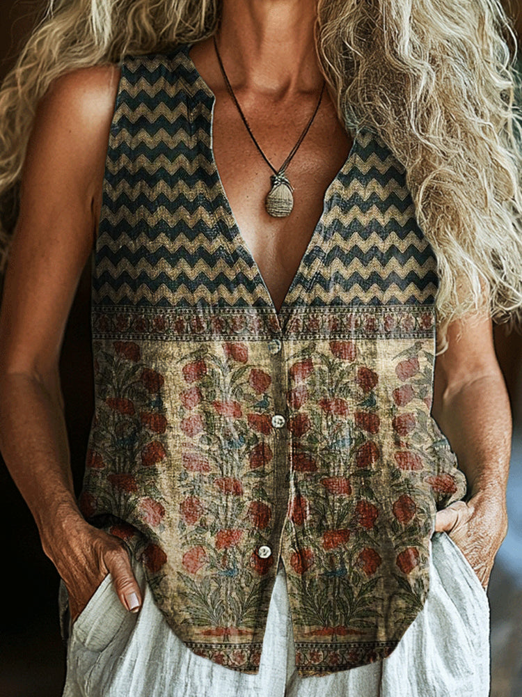 Women's Vintage Bohemian Floral Art Print Sleeveless Cotton Shirt