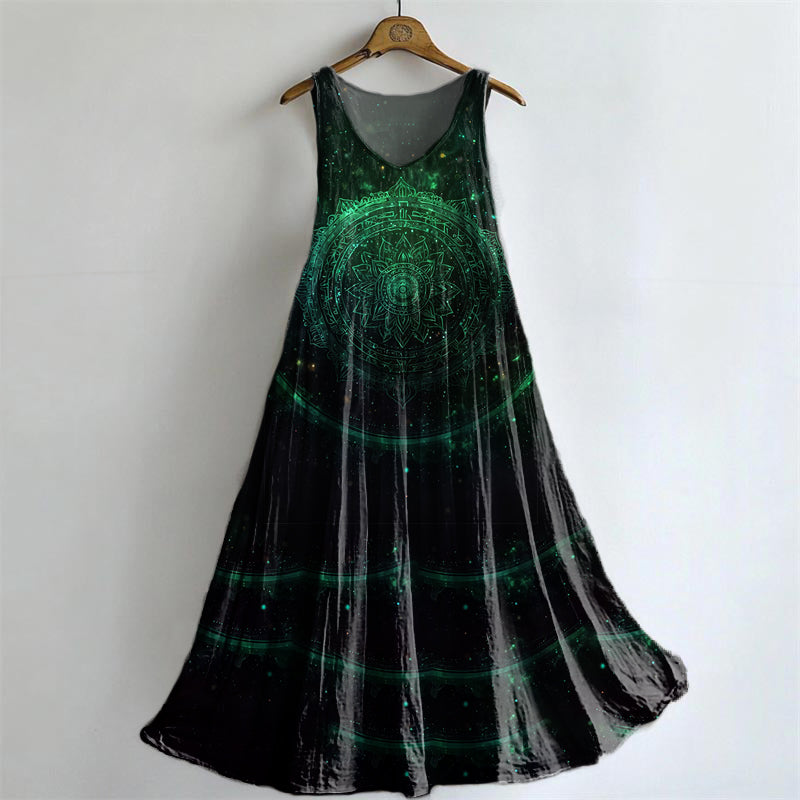 Women's Mandala Pattern Art Print Round Neck Sleeveless Cotton Pocket Dress