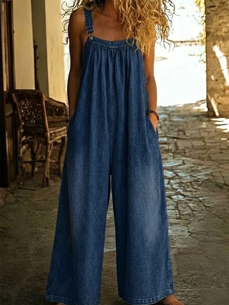 Women's Art Casual Shoulder Strap Washed Jumpsuit