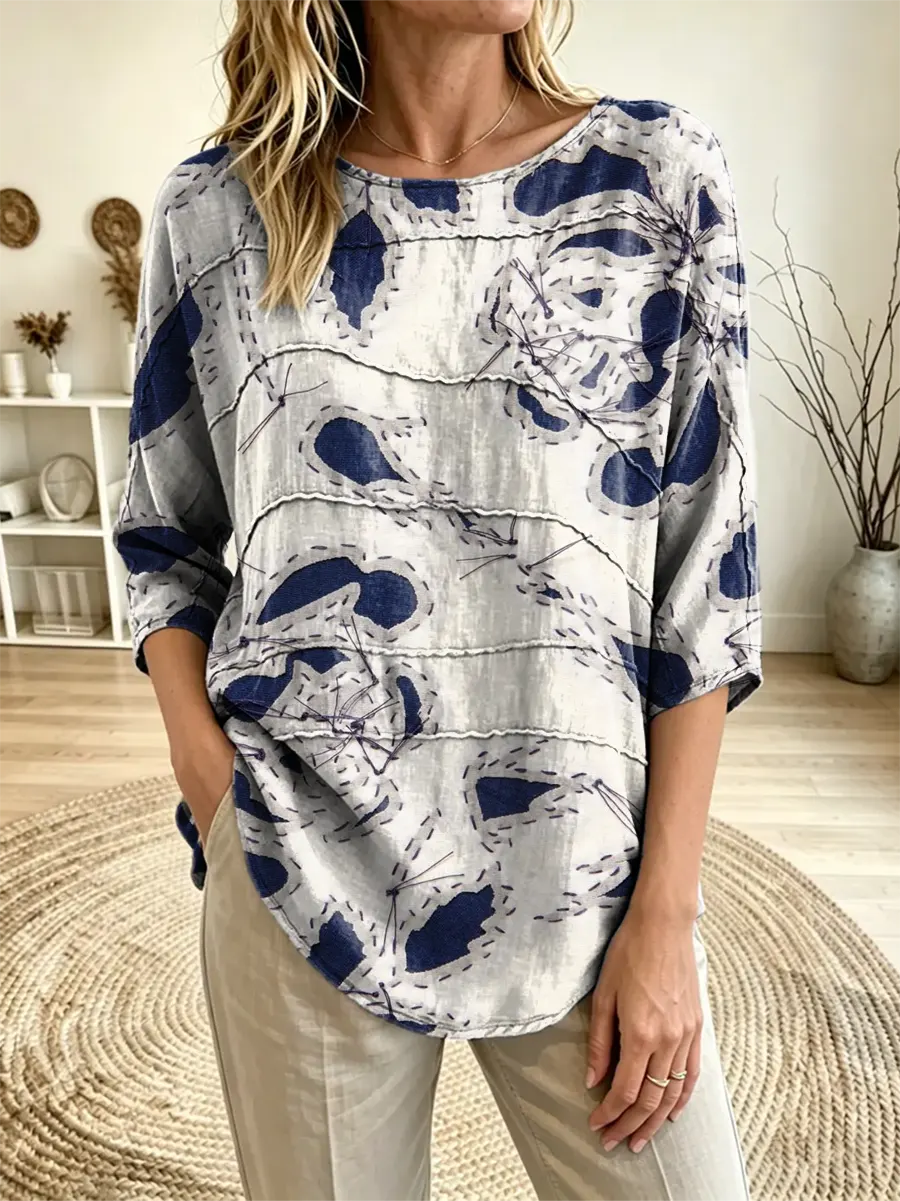 Women's Abstract Floral Printed Three Quarter Sleeve Casual Loose Top