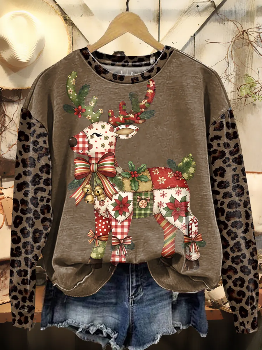 Christmas Patchwork Reindeer Leopard Print Vintage Art Print Sweatshirt