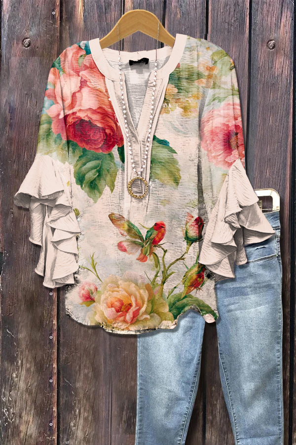 Elegant Floral Print Ruffle Sleeve Top
