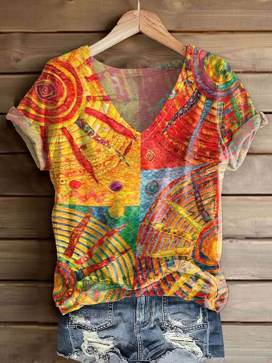 Women's Colorful Sun Collage Art Print V-neck Casual T-Shirt