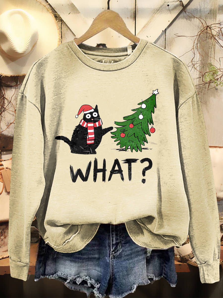 Women's Retro Christmas Art Print Casual Long Sleeve Crew Neck Sweatshirt