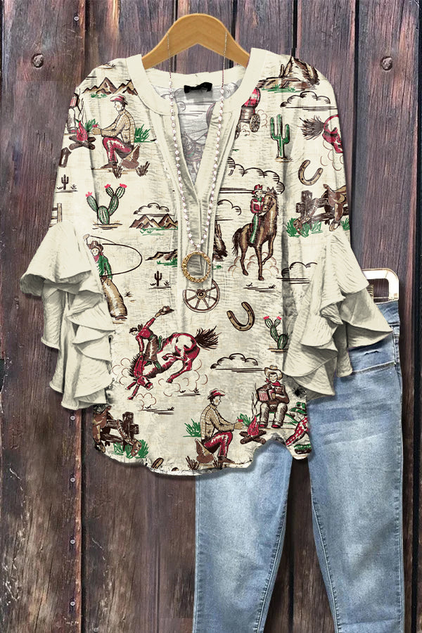 Vintage Western Horse Print Ruffle Sleeve Top