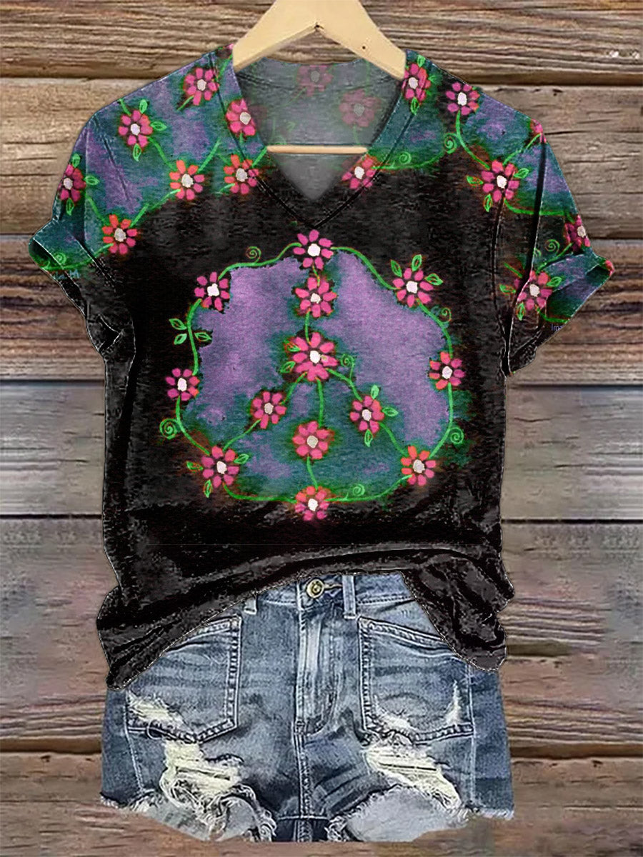 Women's Floral Hippie Graphic Art Print V Neck Casual T-Shirt