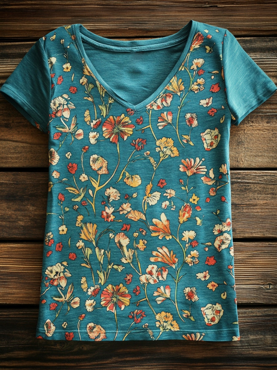 Women's Bohemian Folk Floral Art Print V-neck Cotton T-shirt