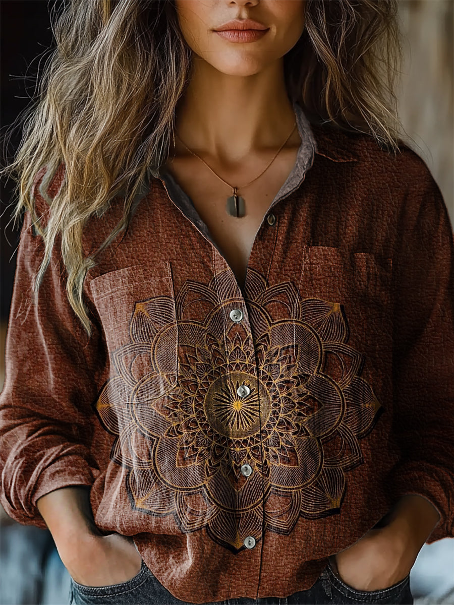 Women's Vintage Mandala Art Print Long Sleeve Comfortable Cotton Shirt