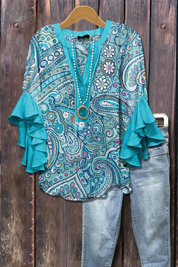 Elegant Paisley Print Ruffle Sleeve Top