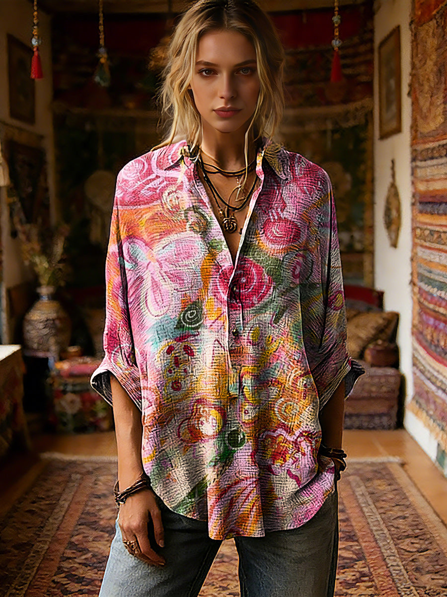 Women's Colorful Floral Art Print Casual Long-Sleeved Cotton Linen Shirt