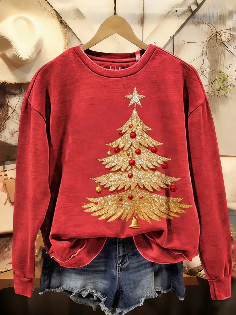 Women's Christmas Tree Art Print Casual Crew Neck Sweatshirt