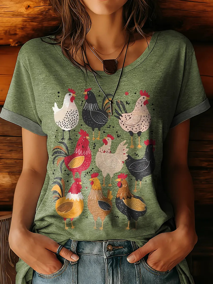 Women's Ethnic Chicken Art Print Crew Neck Cotton T-Shirt