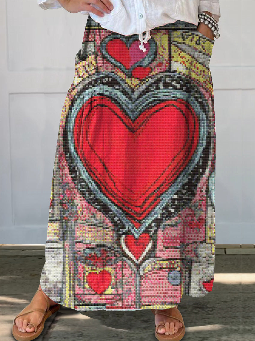 Women's Vintage Love Art Print Linen Pocket Skirt