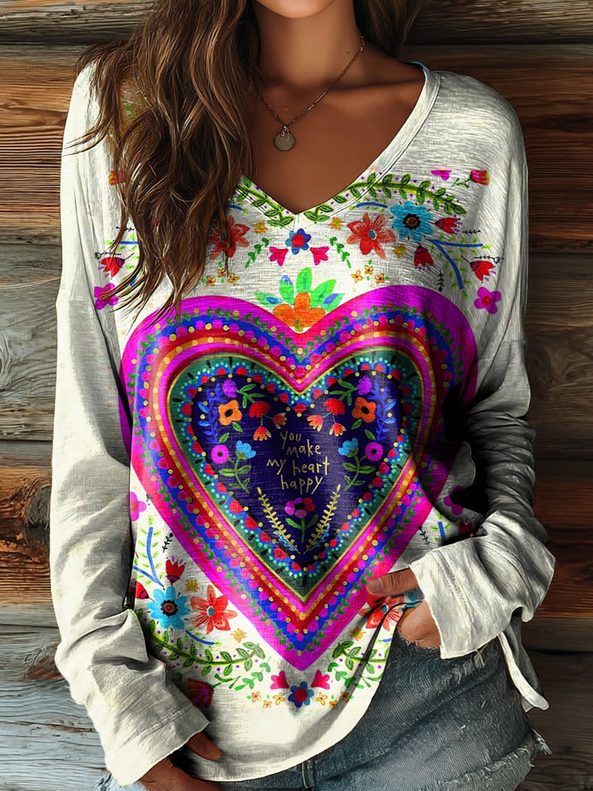 Women's Vintage Floral Love Art Print Casual V-neck Long Sleeve T-shirt