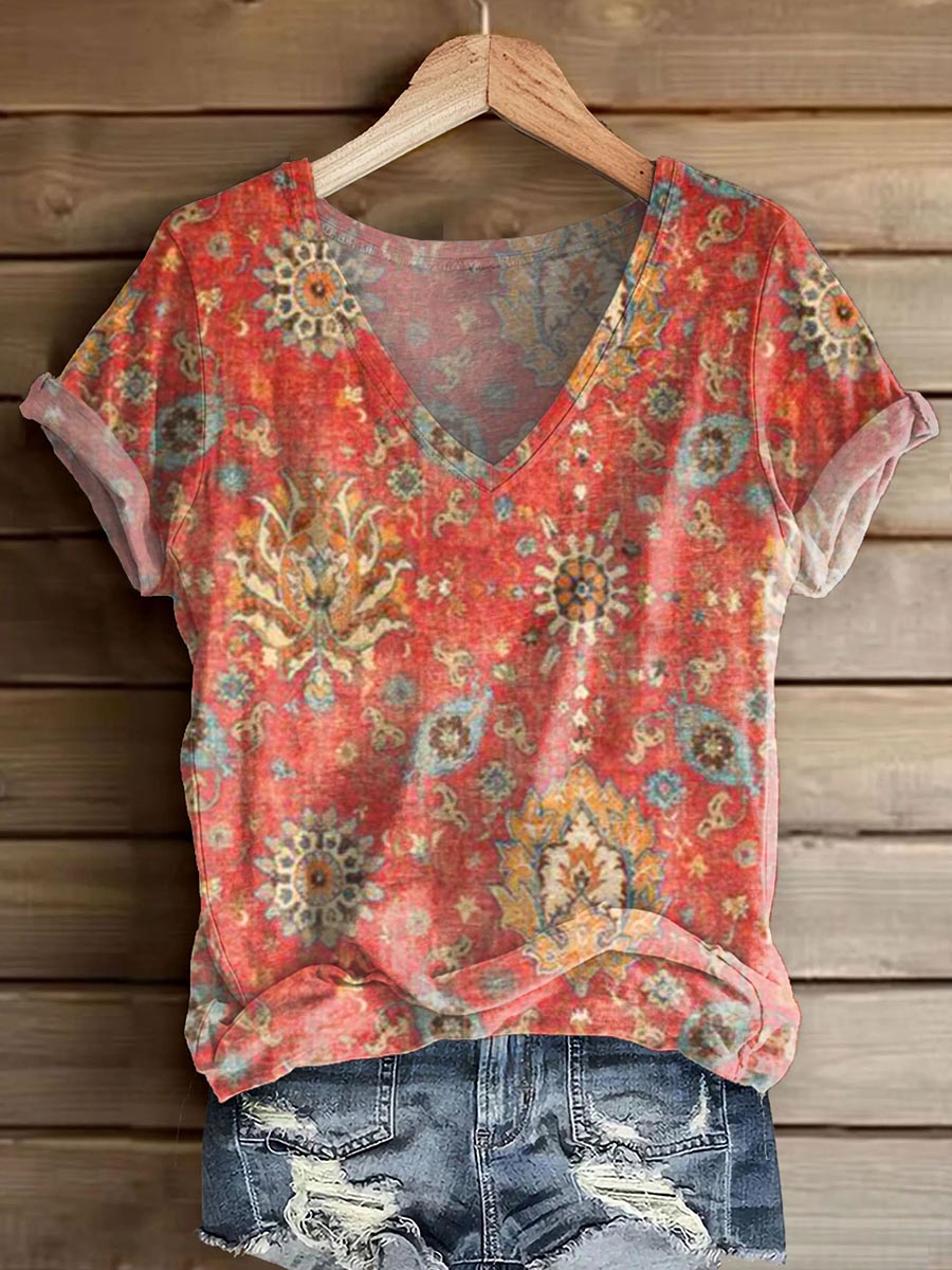 Women's Retro Ethnic Totem Art Print V-neck Casual T-Shirt