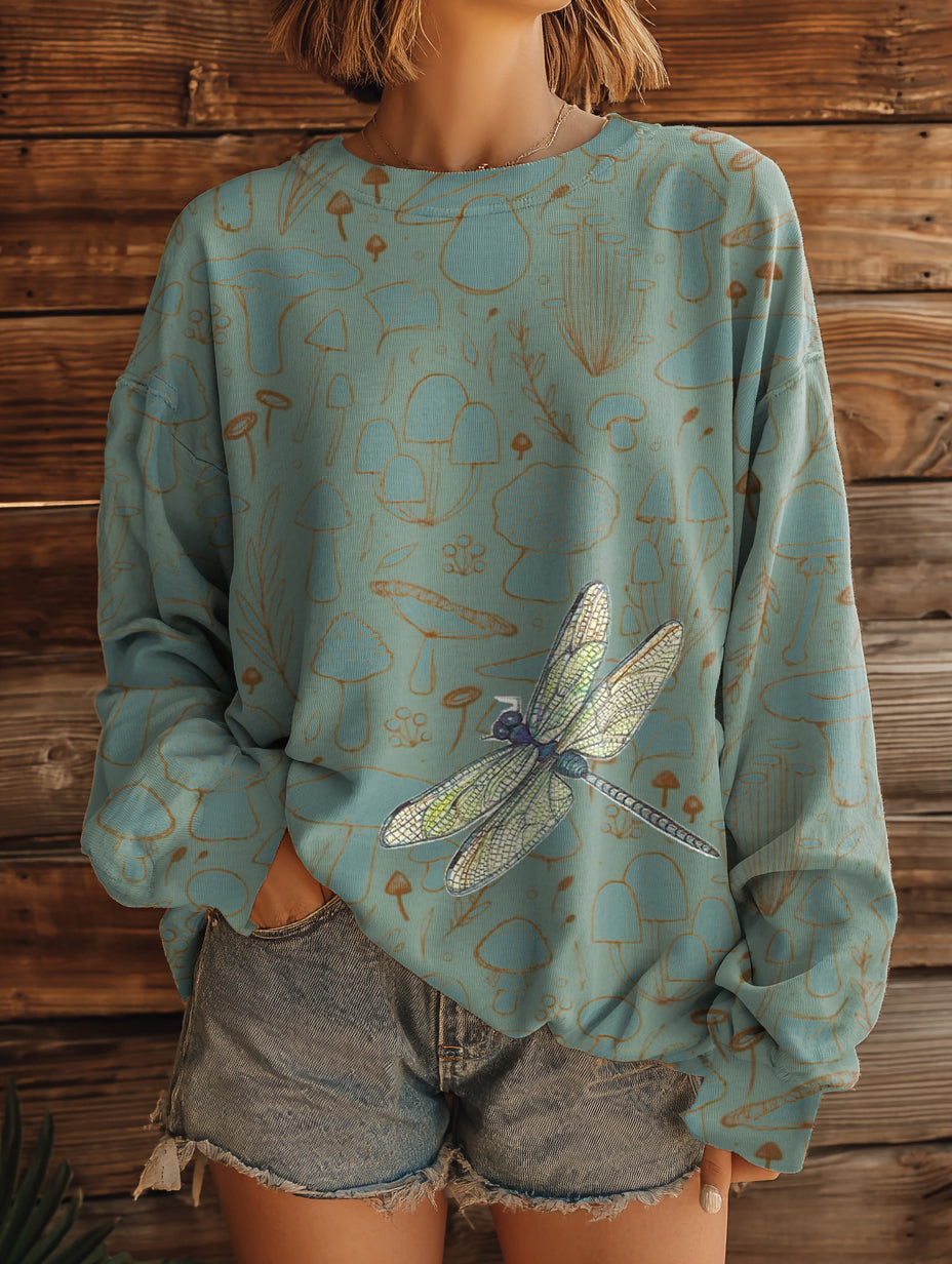 Women's Vintage Dragonfly Mushroom Pattern Print Casual Crew Neck Sweatshirt