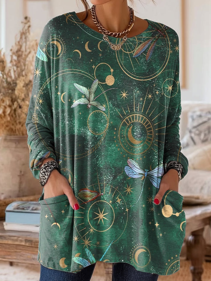 Ladies Vintage Green Dragonfly Stars Art Print Casual Home Round Neck Pocket T-shirt