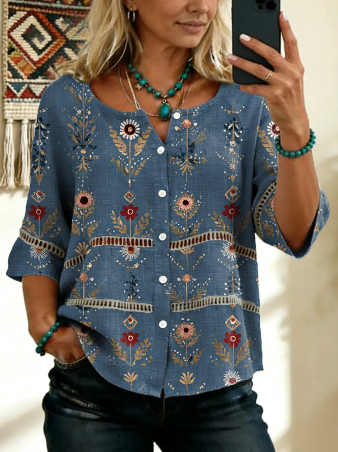 Women's Vintage Floral Art Print Tie-front Button-up Short-sleeve Shirt