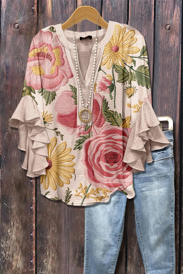 Multi Floral Print V-Neck Top
