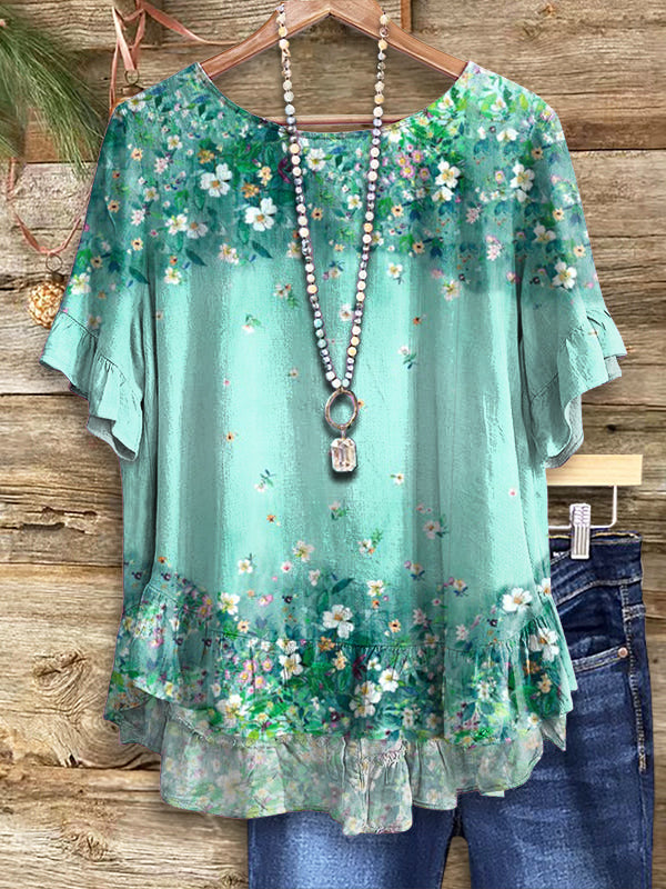 Women's Floral Pattern Art Print Casual Cotton Linen Short Sleeve Shirt
