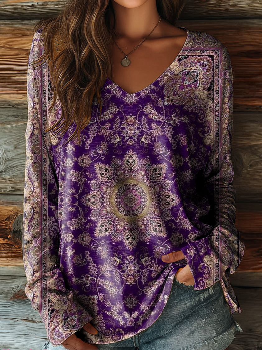 Women's Vintage Ethnic Floral Art Print Casual V-neck Long Sleeve T-shirt