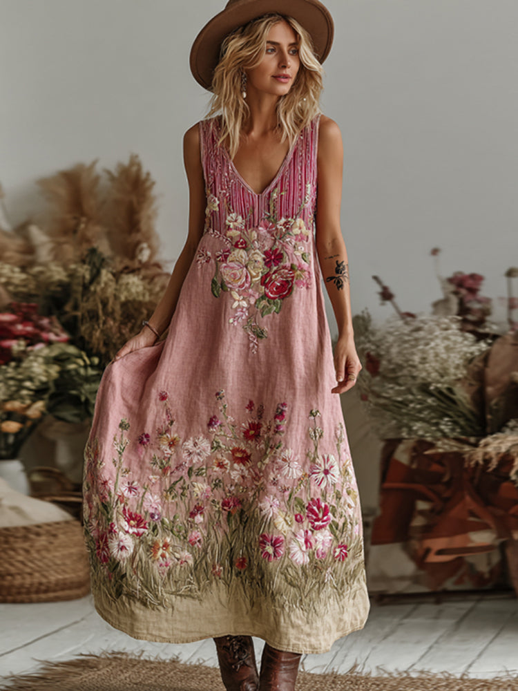 Love & Health Collection Retro Western Women Style Vintage Pink Striped And Floral Patchwork Art V Neck Linen Maxi Dress