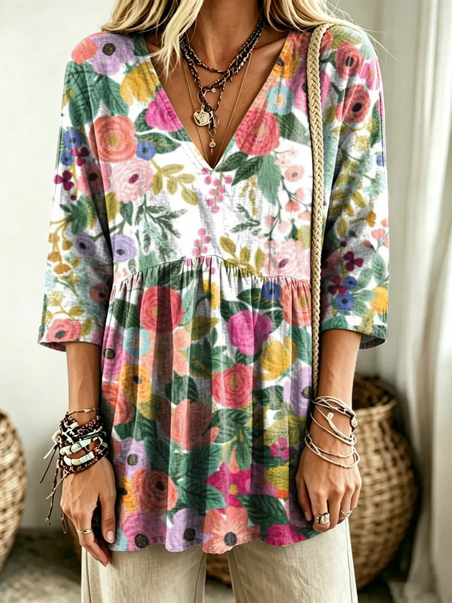 Women's Watercolor Floral Print V-Neck Casual Blouse