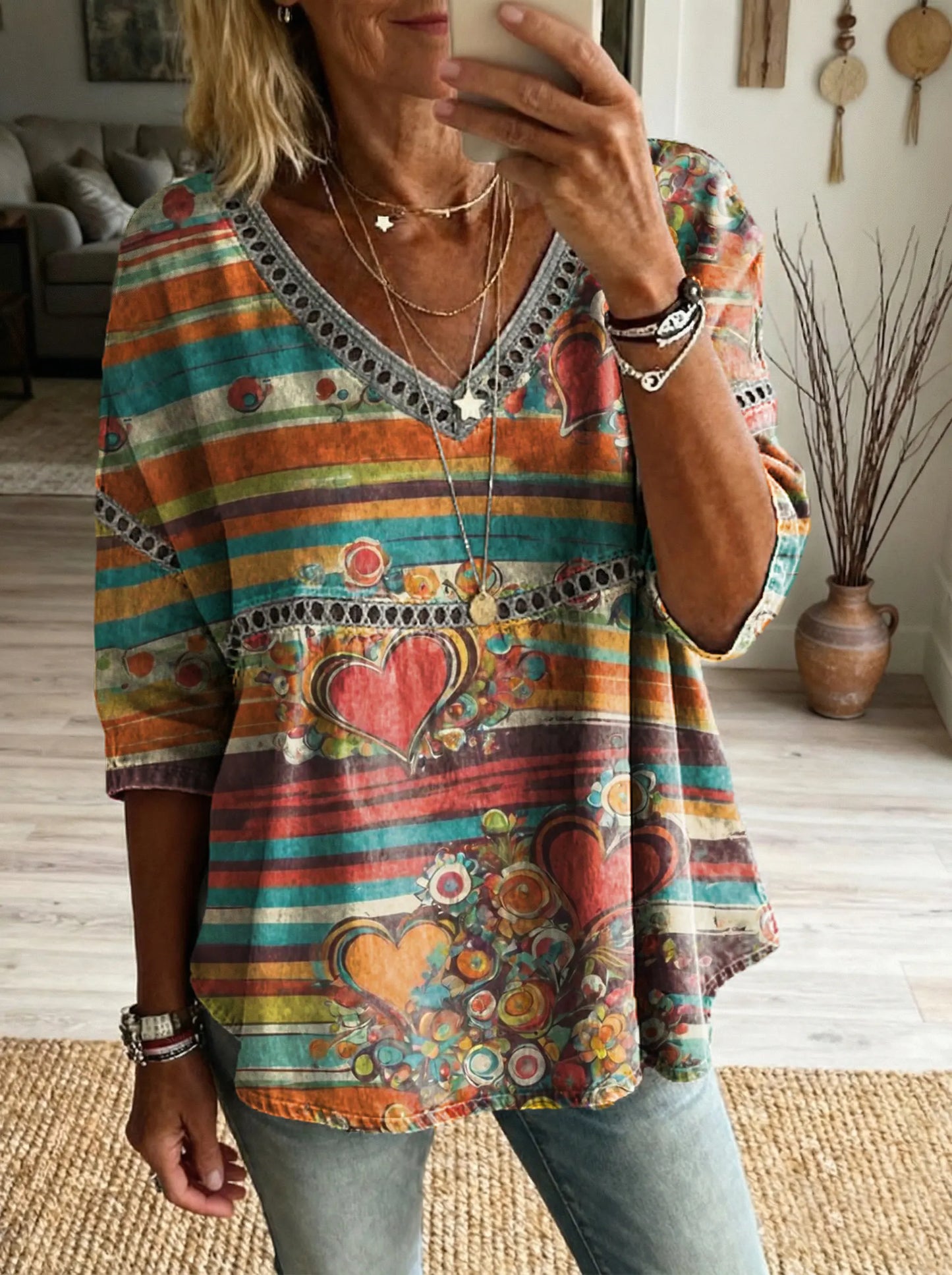 Women's Bohemian Floral Heart Print Artistic Casual V-neck Lace Trim Top