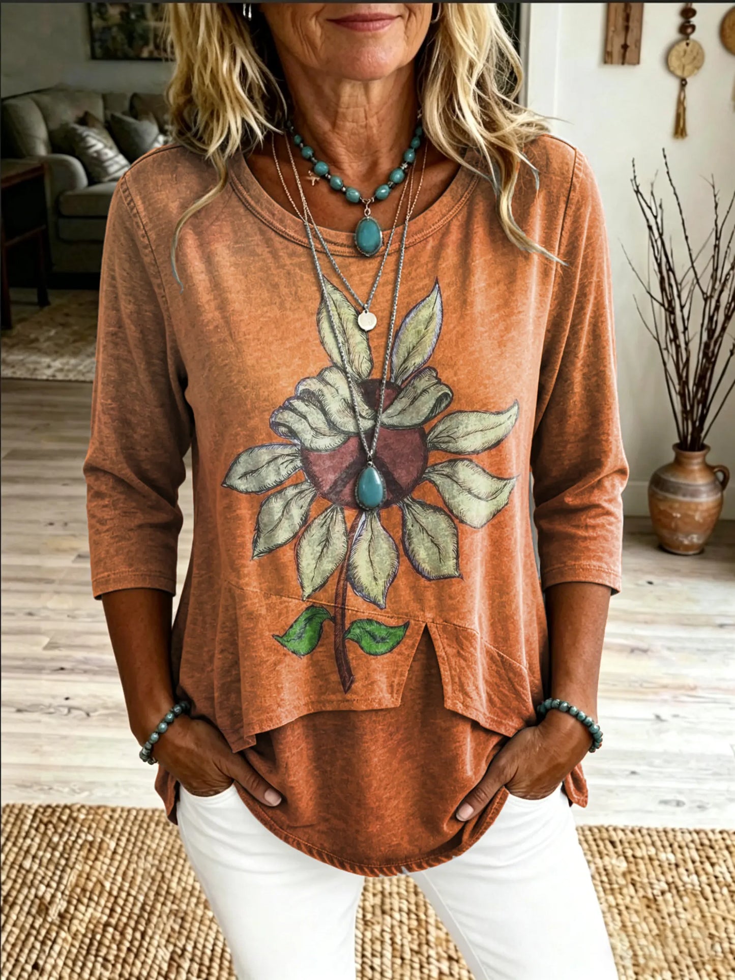 Women's Hippie Sunflower Print Casual Round-neck T-shirt