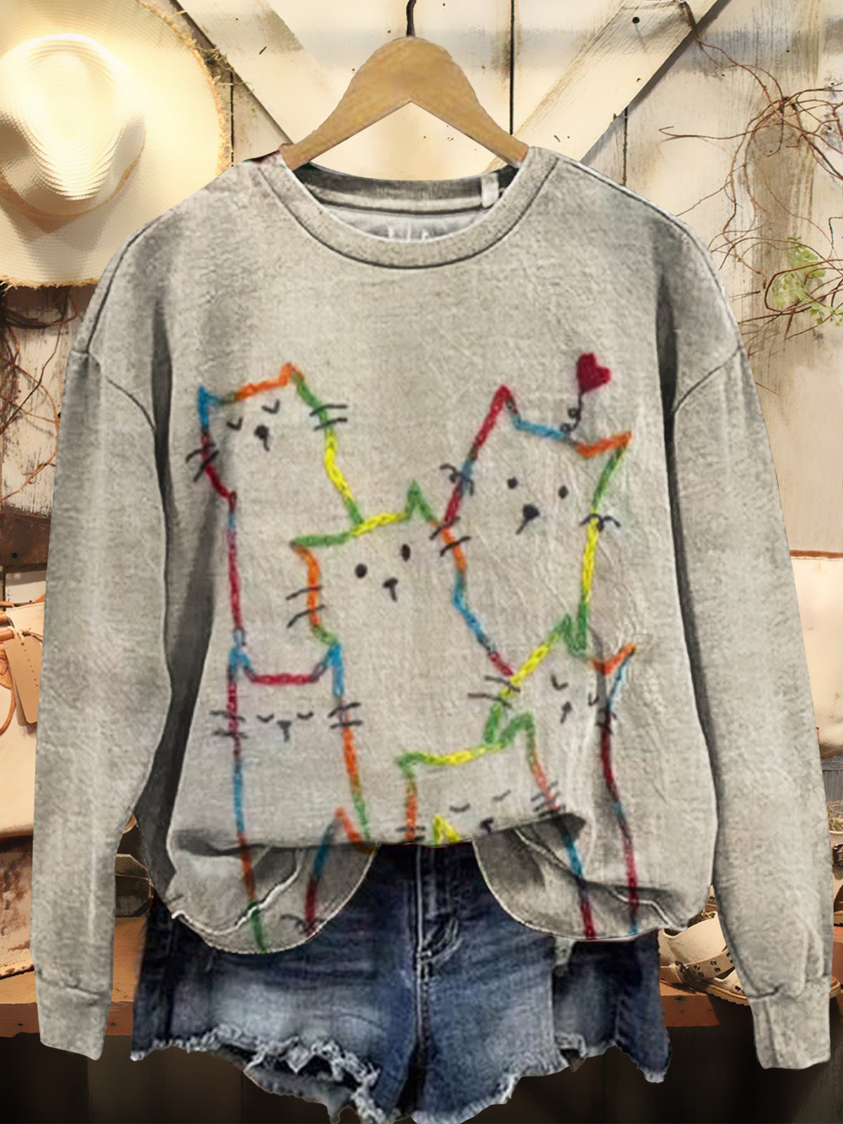 Women's Vintage Cute Cat Art Print Casual Crew Neck Sweatshirt
