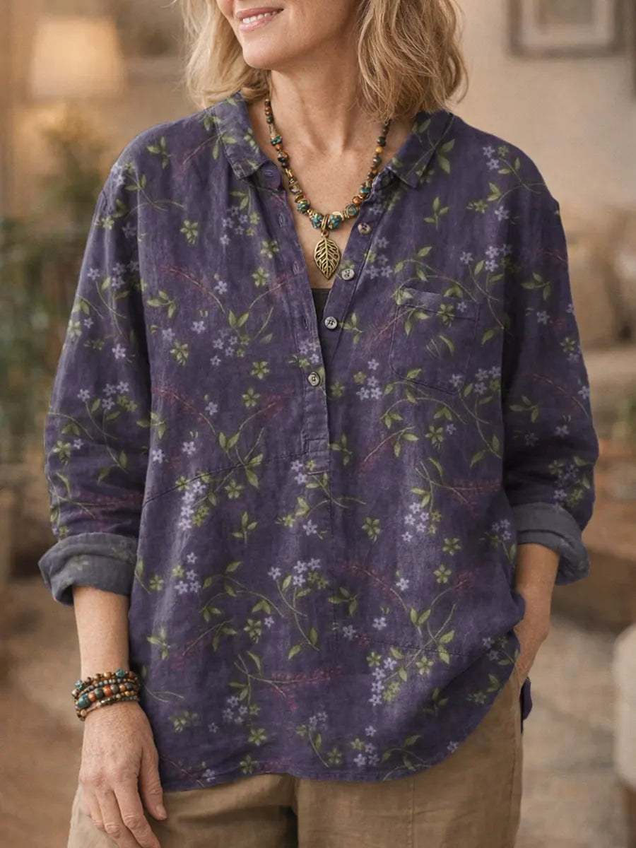 Vintage National Flower Art Women's Print Casual Cotton And Linen Shirt