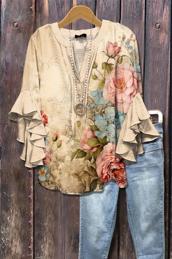Elegant Floral Print Ruffle Sleeve Top