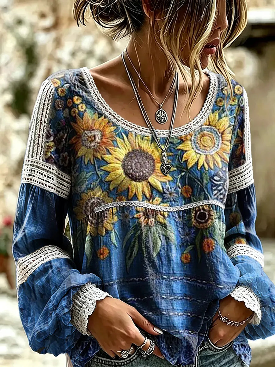Women's Vintage Ethnic Floral Print Lace Blouse