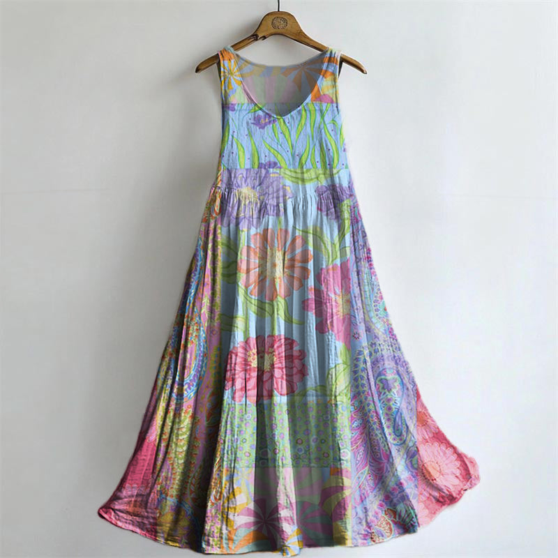 Women's Floral Art Print Round Neck Sleeveless Cotton Pocket Dresses