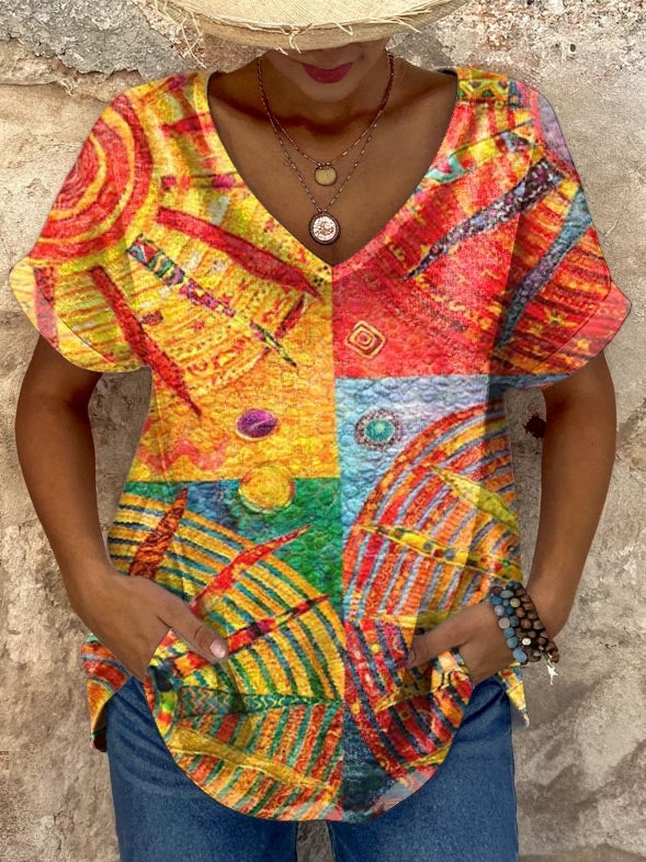 Women's Bohemian Sun Collage Art Pattern Print Casual V-Neck Cotton Top