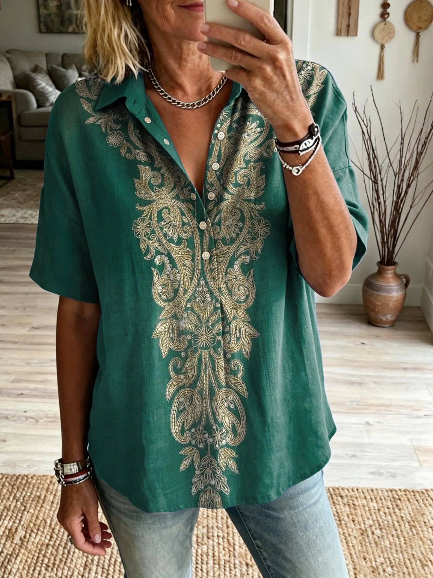 Women's Vintage-Textured Ethnic Floral Art Print Short-Sleeve Henley Shirt with Lapel Collar