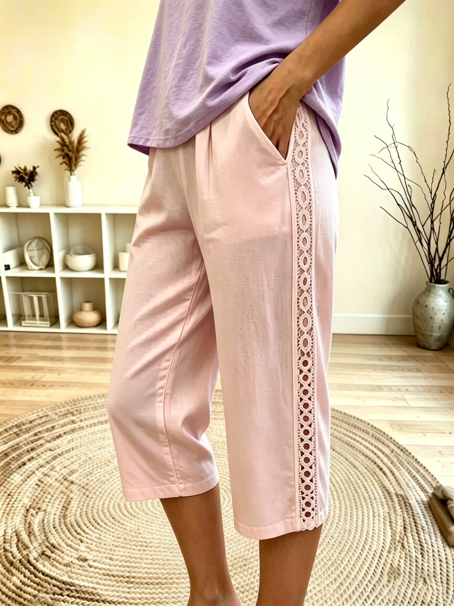 Women's Lace Trim Capri Cotton Cropped Pants