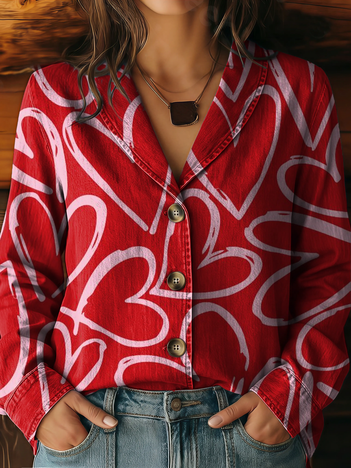 Women's Vintage Heart Art Print Lapel Washed Denim Cotton Shirt