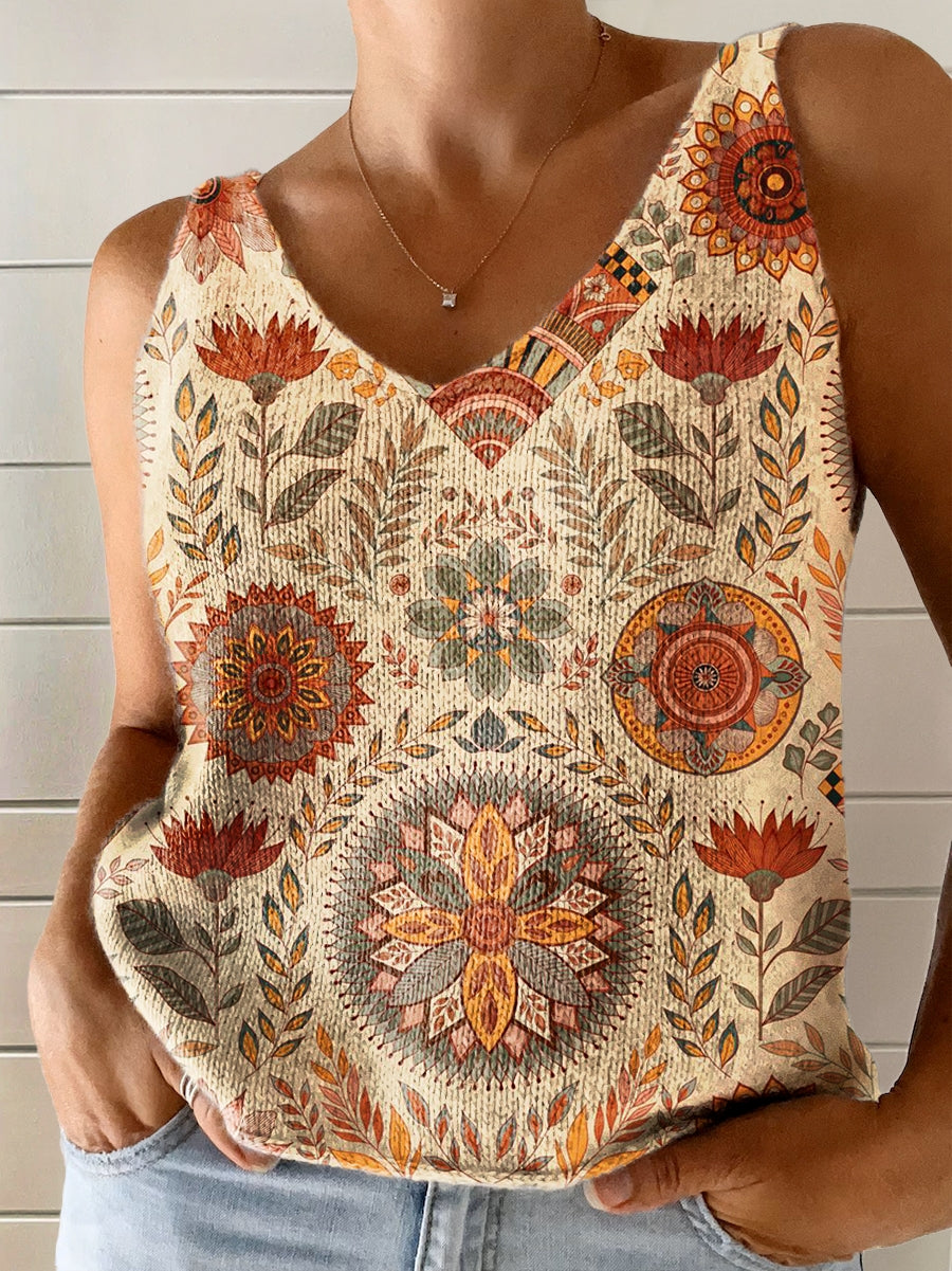 Women's Vintage Ethnic Floral Tattoo Pattern Art Print Casual V-Neck Knit Cami Tank Top