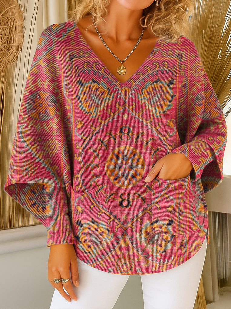 Retro Colorful Ethnic Floral Art Print V-neck Pocket Knit Sweater