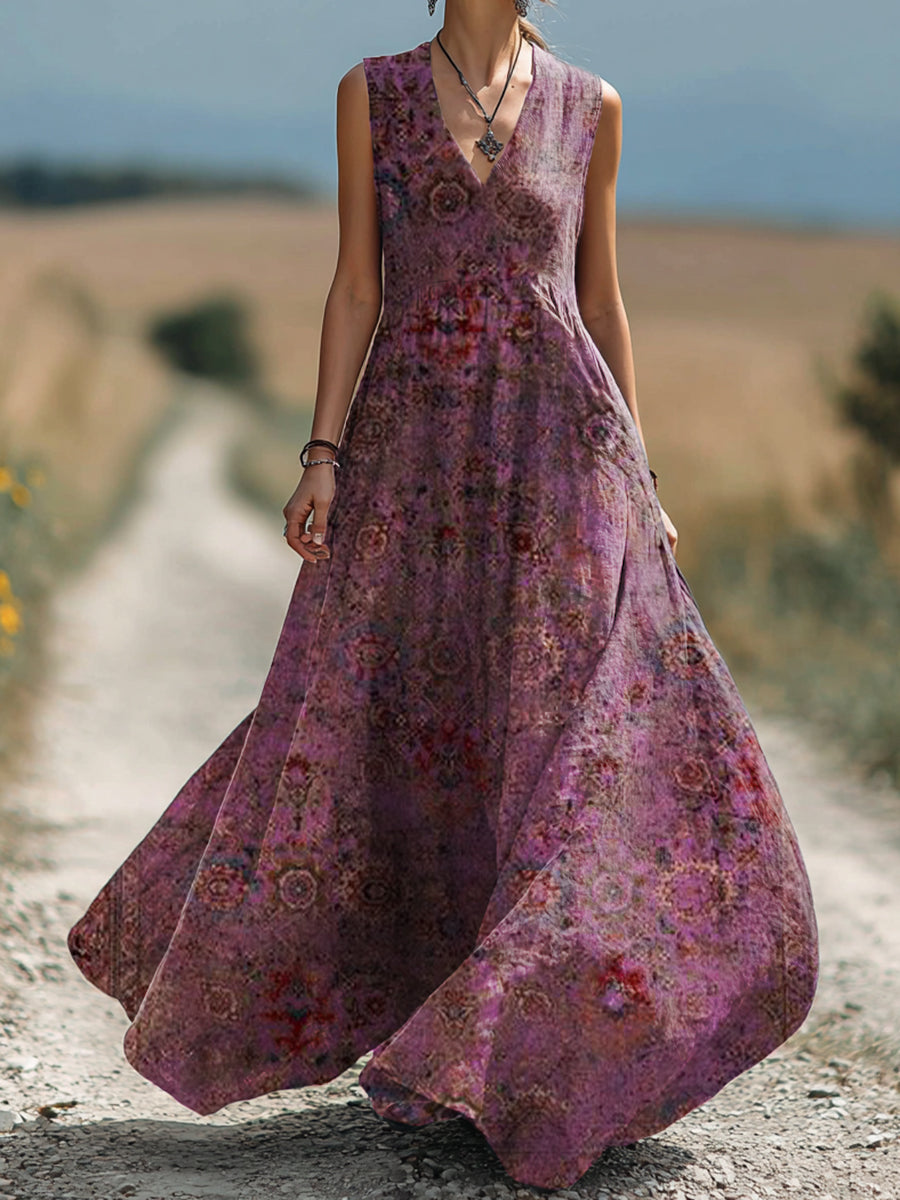 Women's Vintage Floral Art Print Sleeveless Cotton Pocket Dress