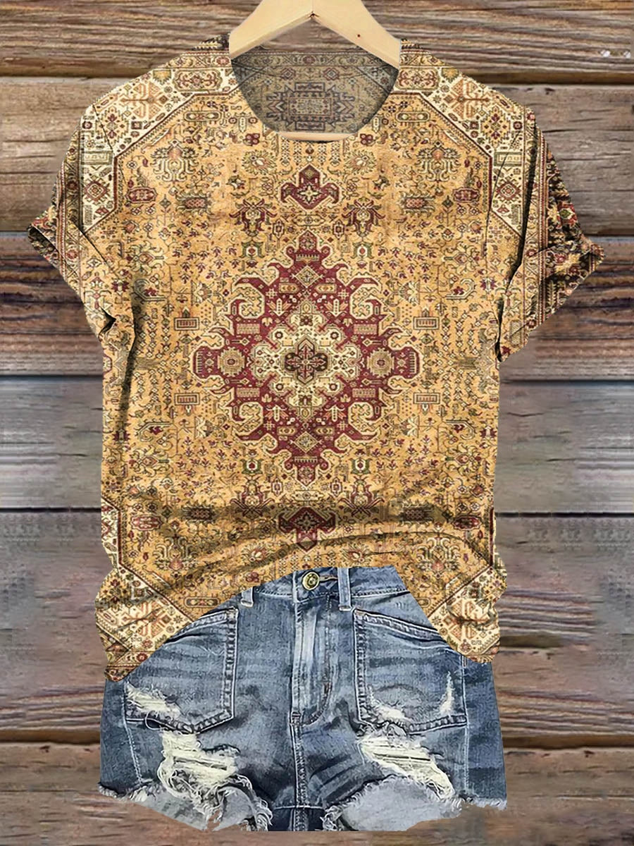 Women's Retro Ethnic Totem Pattern Print Crew Neck Casual T-Shirt