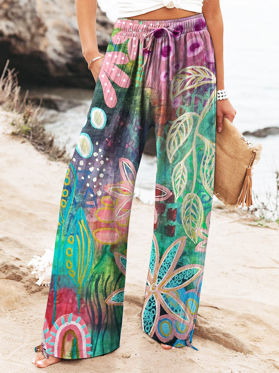 Women's Vintage Floral Art Printed Cotton And Linen Casual Pants