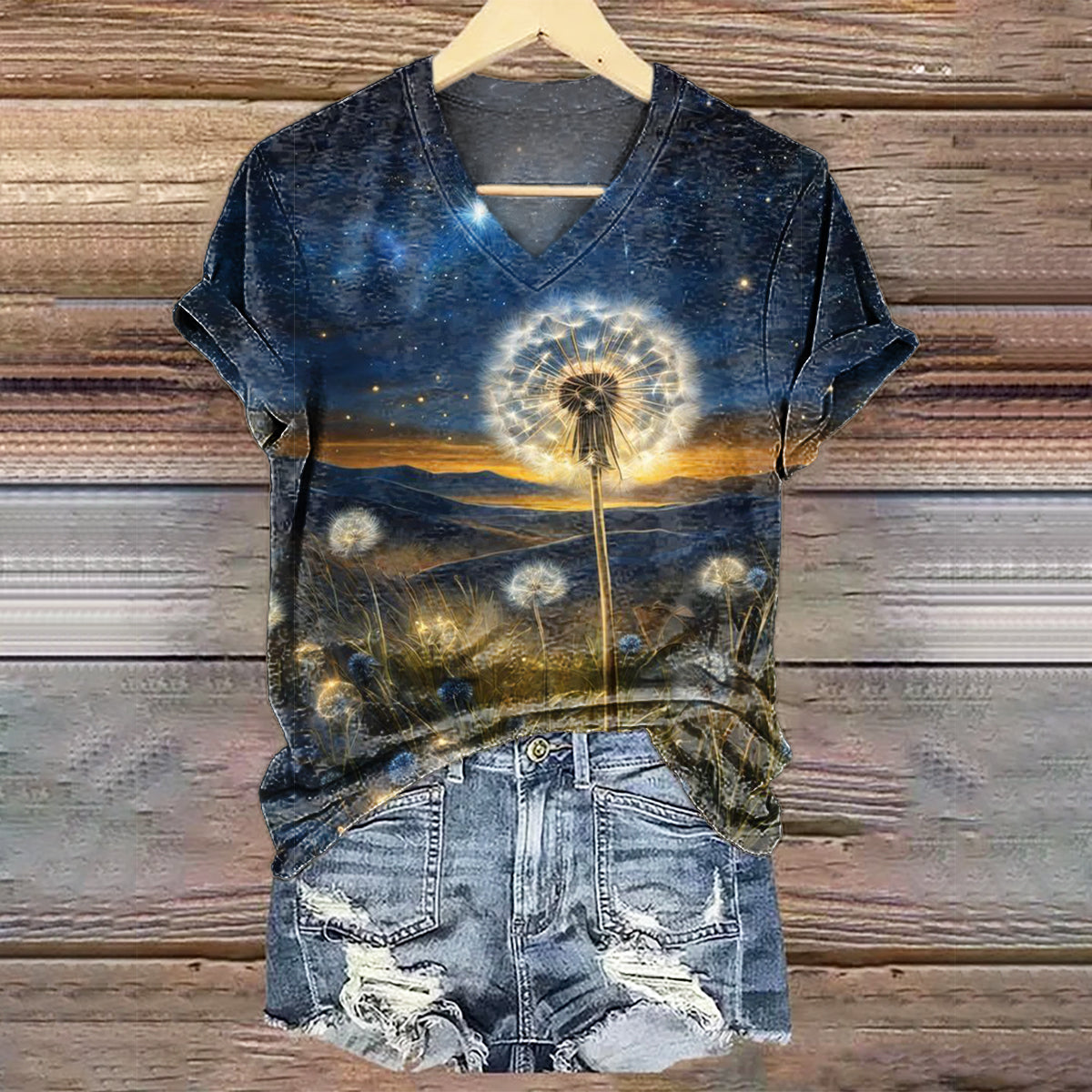 Women's Dandelion Art Print V-Neck Casual T-Shirt