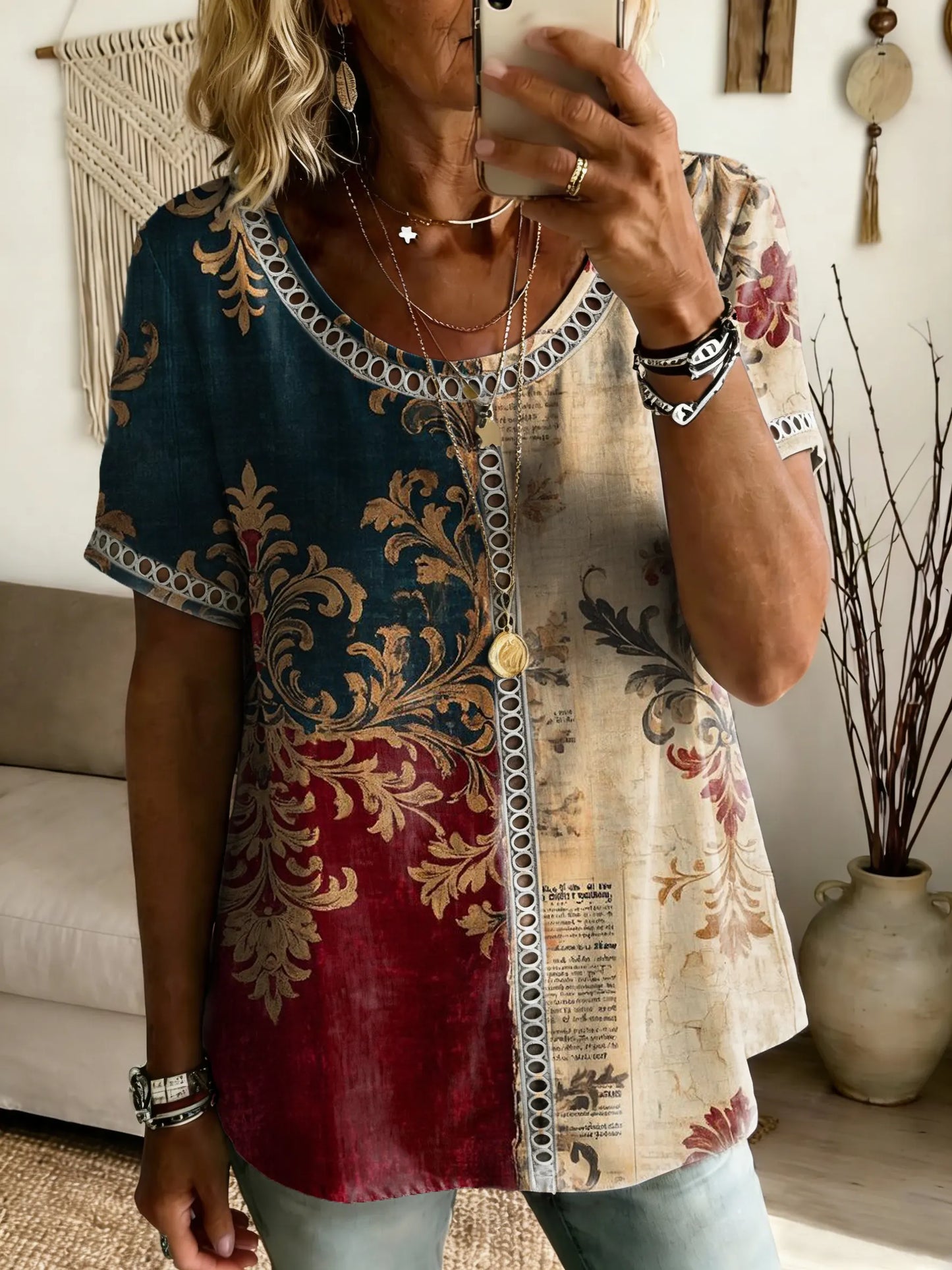 Women's Spliced Bohemian Floral Art Print Casual Cutout Short-Sleeve Top