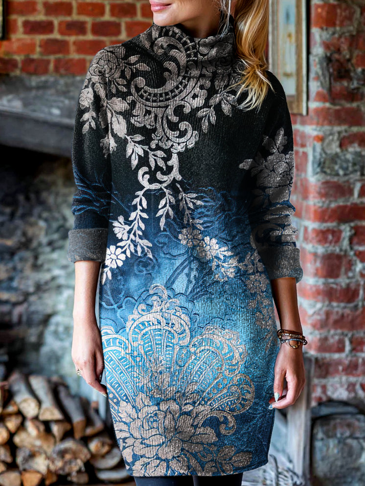 Women's Vintage Black-blue Gradient Floral Art Print Cover-up High-neck Knit Dress