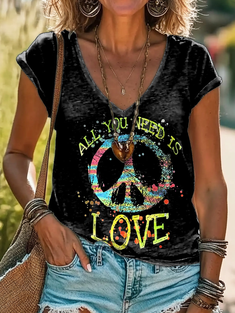 Women's Vintage Hippie Love Art Print Cotton V-neck T-Shirt