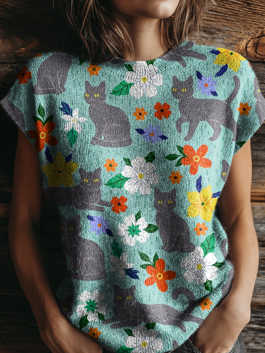 Women's Cat In The Flower Bed Art Print Casual Crew Neck Short Sleeve Knitted Sweater