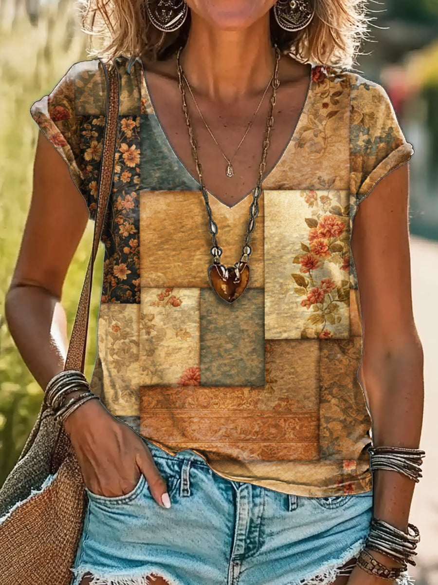 Women's Vintage Floral Patchwork Art Print Cotton V-neck T-Shirt